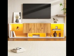 Hauss Spole Móvel para TV de 160x40x42cm com 2 gavetas e 2 prateleiras em vidro, LED incluído, estrutura em madeira com detalhes em branco.^ Móvel De Tv