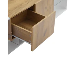 Hauss Spole Móvel para TV de 160x40x42cm com 2 gavetas e 2 prateleiras em vidro, LED incluído, estrutura em madeira com detalhes em branco.^ Móvel De Tv