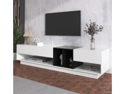 Móvel para TV em blocos de cores e preto com acabamento brilhante, gavetas e diversos espaços de armazenamento.^ Móvel De Tv