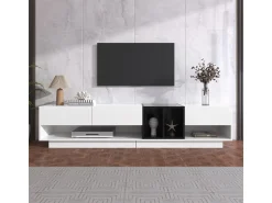 Móvel para TV em blocos de cores e preto com acabamento brilhante, gavetas e diversos espaços de armazenamento.^ Móvel De Tv