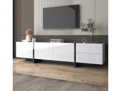 Móvel De Tv| Móvel para TV em e preto brilhante com portas e gavetas. Design de linhas simples. Branco