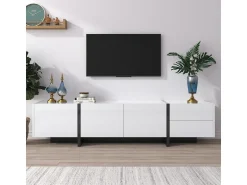 Móvel De Tv| Móvel para TV em e preto brilhante com portas e gavetas. Design de linhas simples. Branco