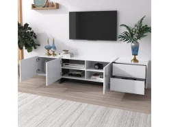 Móvel De Tv| Móvel para TV em e preto brilhante com portas e gavetas. Design de linhas simples. Branco