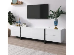 Móvel De Tv| Móvel para TV em e preto brilhante com portas e gavetas. Design de linhas simples. Branco