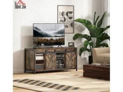 Móvel para TV em estilo industrial com 2 portas de correr e prateleiras ajustáveis, cor marrom.^ Móvel De Tv