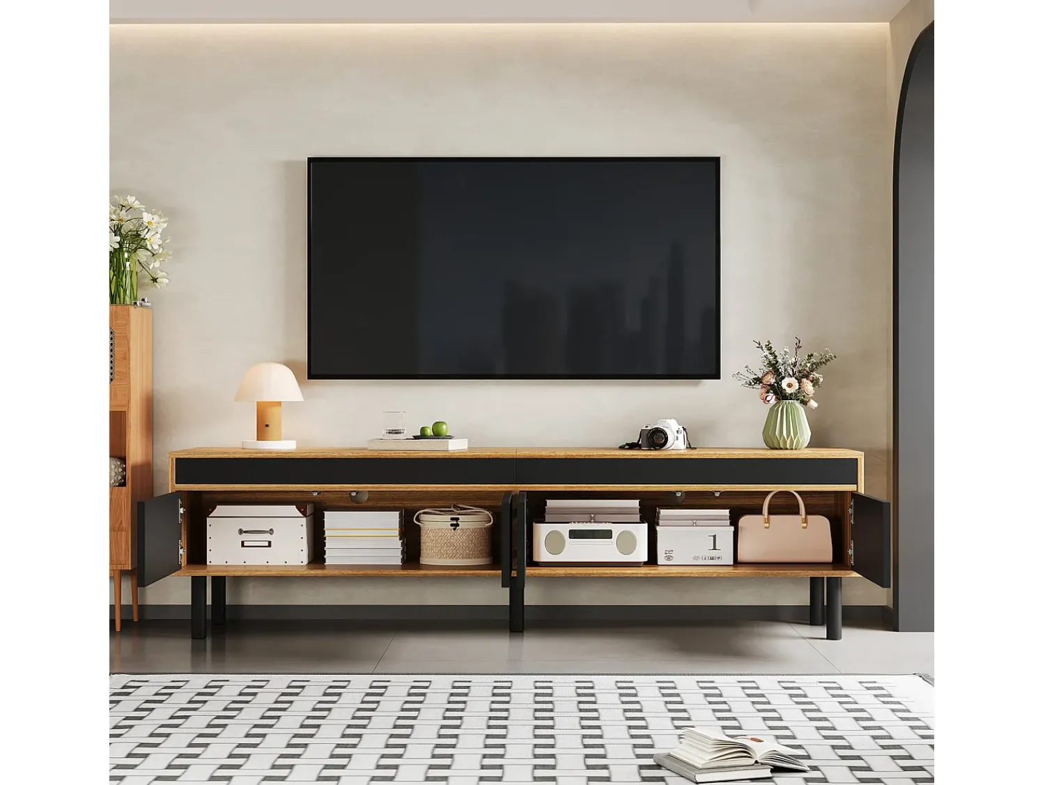 Móvel De Tv* Móvel para TV em madeira e , modelo baixo com 4 portas, ideal para hall de entrada e quarto, 170x38x47,7cm Preto