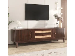 Móvel De Tv| Móvel para TV em madeira natural com portas, gavetas e laterais em rattan. Natural escuro