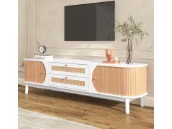 Móvel De Tv* Móvel para TV em madeira natural com portas, gavetas e laterais em rattan. Branco