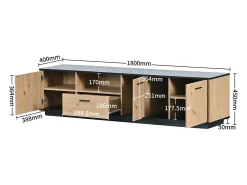 Móvel De Tv* Móvel para TV em madeira preta e natural, com 3 portas, 2 compartimentos abertos e 1 gaveta, com LED. Preto