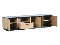 Móvel De Tv* Móvel para TV em madeira preta e natural, com 3 portas, 2 compartimentos abertos e 1 gaveta, com LED. Preto