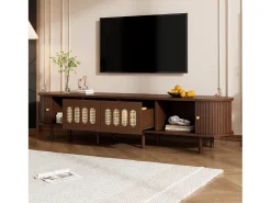 Merax Móvel para TV em nogueira escura - 180 x 40 x 40 cm - design em rattan - com porta + 2 gavetas - MDF - marrom^ Móvel De Tv