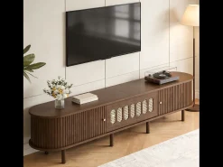 New Merax Móvel para TV em nogueira escura - 180 x 40 x 40 cm - design em rattan - com 3 portas - MDF - Castanho