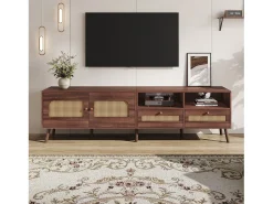 Móvel De Tv| Móvel para TV em rattan com 2 gavetas e 2 portas, em madeira, para televisores de 80 polegadas, 200 x 37 x 49 cm Natural escuro