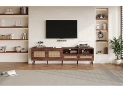 Móvel De Tv| Móvel para TV em rattan com 2 gavetas e 2 portas, em madeira, para televisores de 80 polegadas, 200 x 37 x 49 cm Natural escuro