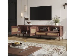 Móvel De Tv| Móvel para TV em rattan com 2 gavetas e 2 portas, em madeira, para televisores de 80 polegadas, 200 x 37 x 49 cm Natural escuro