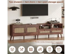 Móvel De Tv| Móvel para TV em rattan com 2 gavetas e 2 portas, em madeira, para televisores de 80 polegadas, 200 x 37 x 49 cm Natural escuro