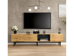 Online Móvel para TV, estilo industrial, 175 cm, com iluminação LED, prateleiras e espaço de armazenamento, 3 portas, madeira. Natural claro