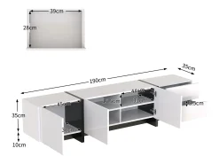 Clearance Móvel para TV laqueado em /preto – Móvel baixo com portas, gavetas e prateleiras, pés pretos, 190 x 35 x 45 cm Branco