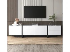 Clearance Móvel para TV laqueado em /preto – Móvel baixo com portas, gavetas e prateleiras, pés pretos, 190 x 35 x 45 cm Branco