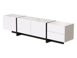 Clearance Móvel para TV laqueado em /preto – Móvel baixo com portas, gavetas e prateleiras, pés pretos, 190 x 35 x 45 cm Branco