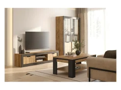 Discount Meublorama Móvel para TV MEUNIER – 2 portas & 5 nichos – Carvalho Samdal & Preto Fosco – 180×42×40 cm Castanho