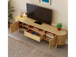 Móvel De Tv*ModernLuxe Móvel para TV moderno 175×36×51 cm - com 2 portas e 1 gaveta de vime - prateleiras abertas - natural Natural claro