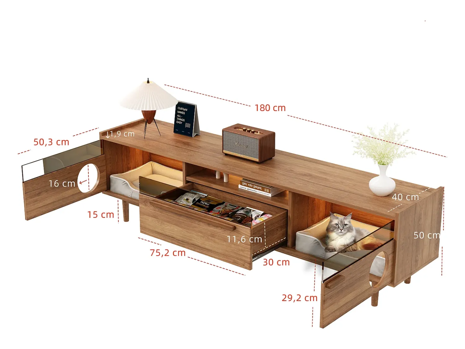 ModernLuxe Móvel para TV moderno 180x40x50 cm - espaço de descanso para animais de estimação - com iluminação LED - 1 gaveta e 2 portas - cor natural^ Móvel De Tv