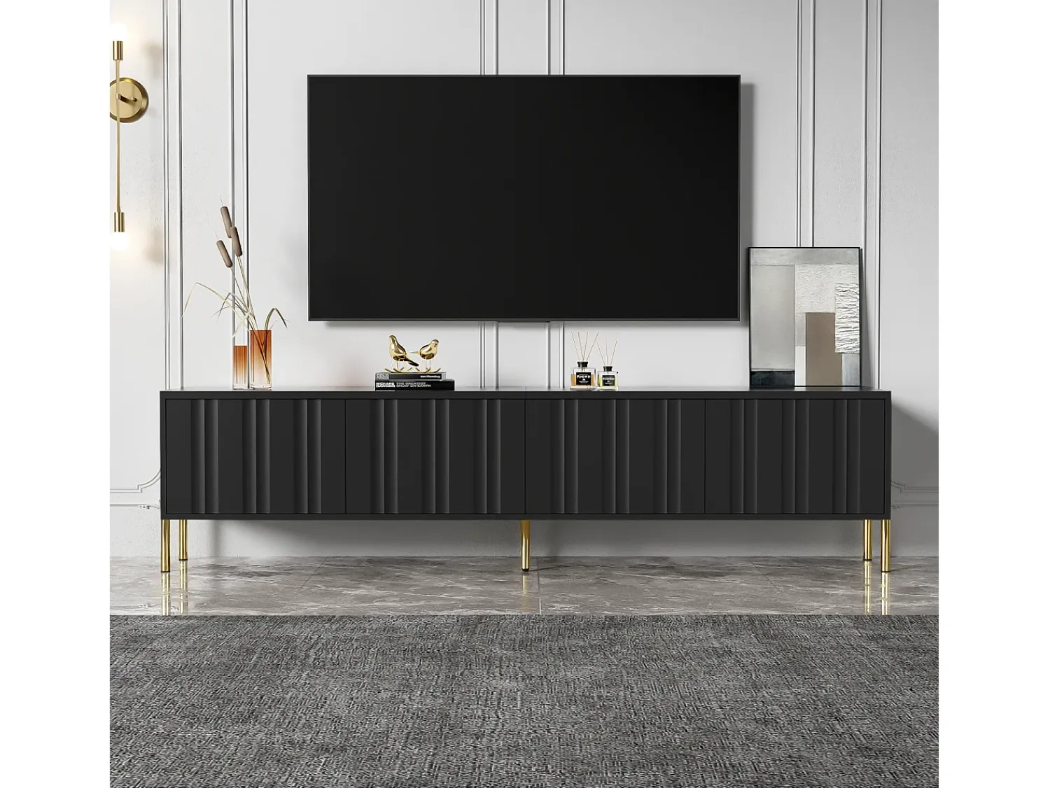 Online Móvel para TV , 190 × 38 × 48 cm – Pés dourados, portas com ranhuras, design moderno para sala de estar. Preto
