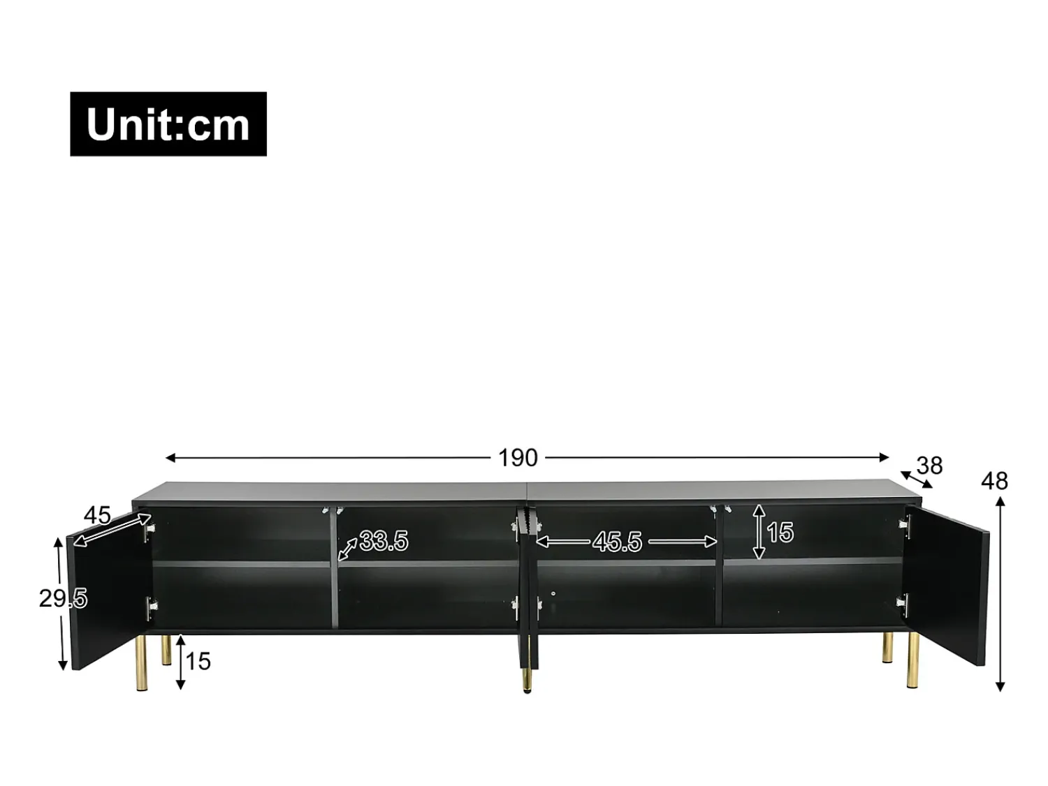 Online Móvel para TV , 190 × 38 × 48 cm – Pés dourados, portas com ranhuras, design moderno para sala de estar. Preto