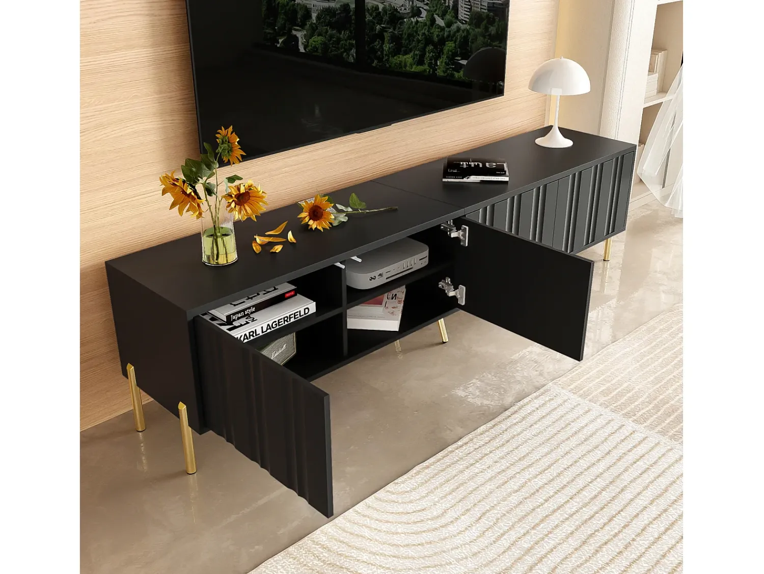 Online Móvel para TV , 190 × 38 × 48 cm – Pés dourados, portas com ranhuras, design moderno para sala de estar. Preto