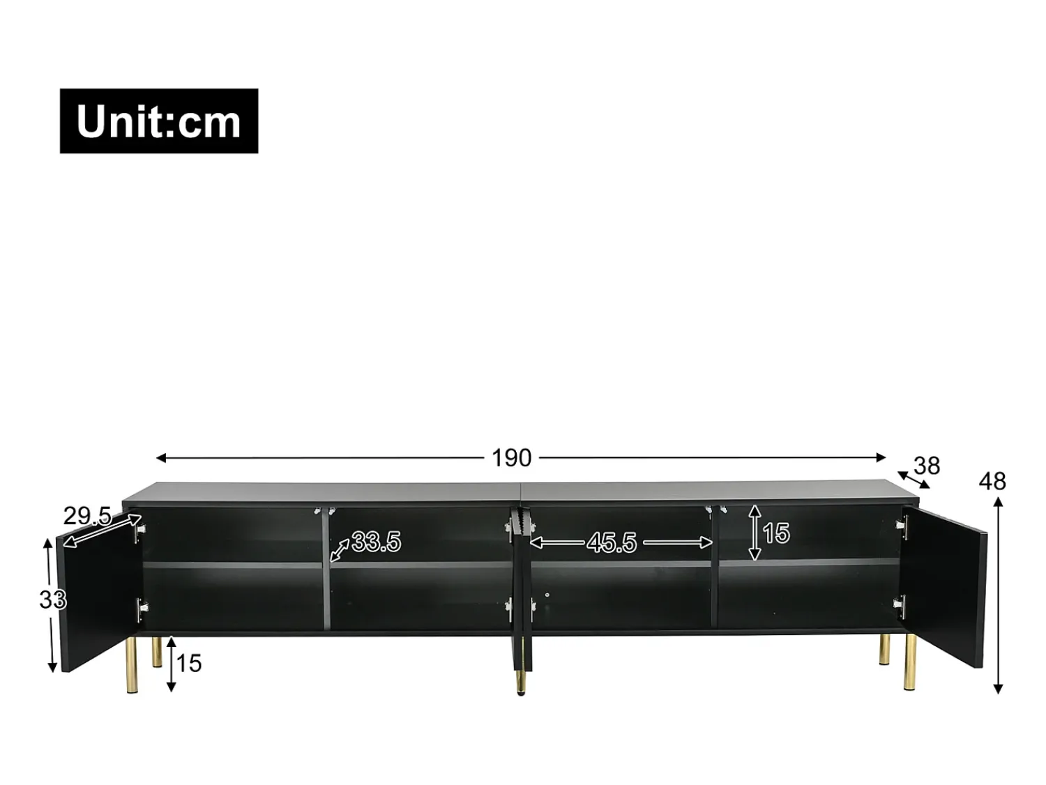 Móvel De Tv| Móvel para TV , 190 cm, com 4 portas, pés dourados e portas com ranhuras. Preto