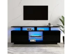 Móvel De Tv| Móvel para TV de 140 cm, iluminação LED de 16 cores, portas laqueadas com painéis de vidro, espaço para TVs de até 60". Preto