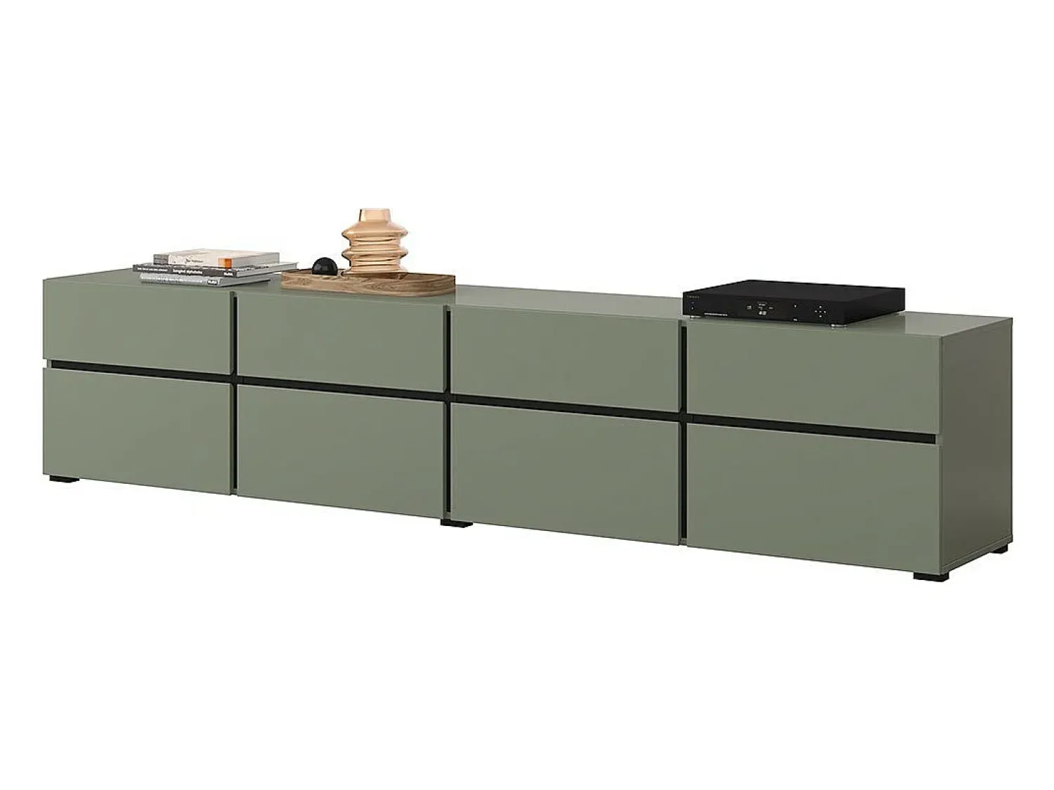 Discount Meublorama Móvel para TV XL na cor sálvia, 225cm, coleção HAVANA. Móvel design com 4 portas e 4 gavetas. Verde