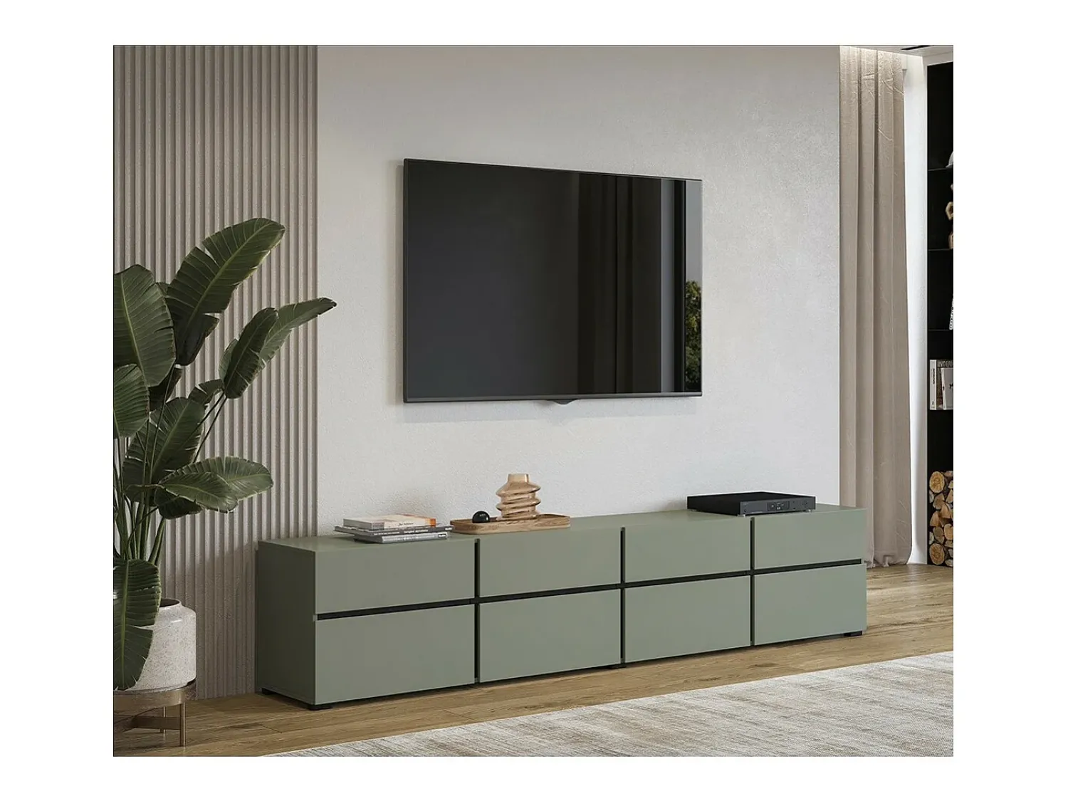 Discount Meublorama Móvel para TV XL na cor sálvia, 225cm, coleção HAVANA. Móvel design com 4 portas e 4 gavetas. Verde