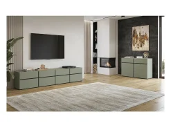 Discount Meublorama Móvel para TV XL na cor sálvia, 225cm, coleção HAVANA. Móvel design com 4 portas e 4 gavetas. Verde