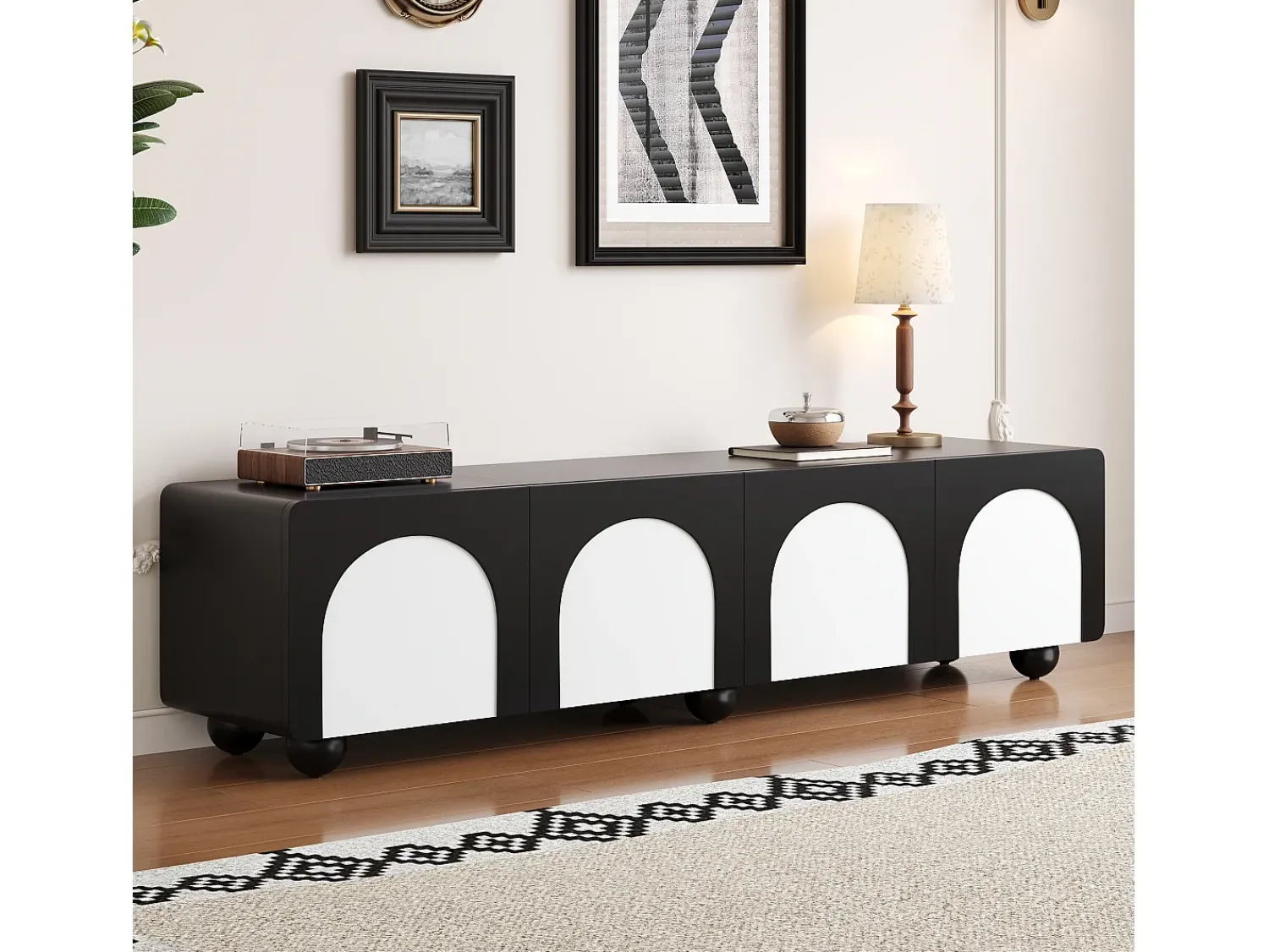 ModernLuxe Móvel para TV 180x38x45 cm - 2 gavetas e 2 portas - Design bicor - Pés redondos - MDF + painéis de partículas - Preto e branco^ Móvel De Tv