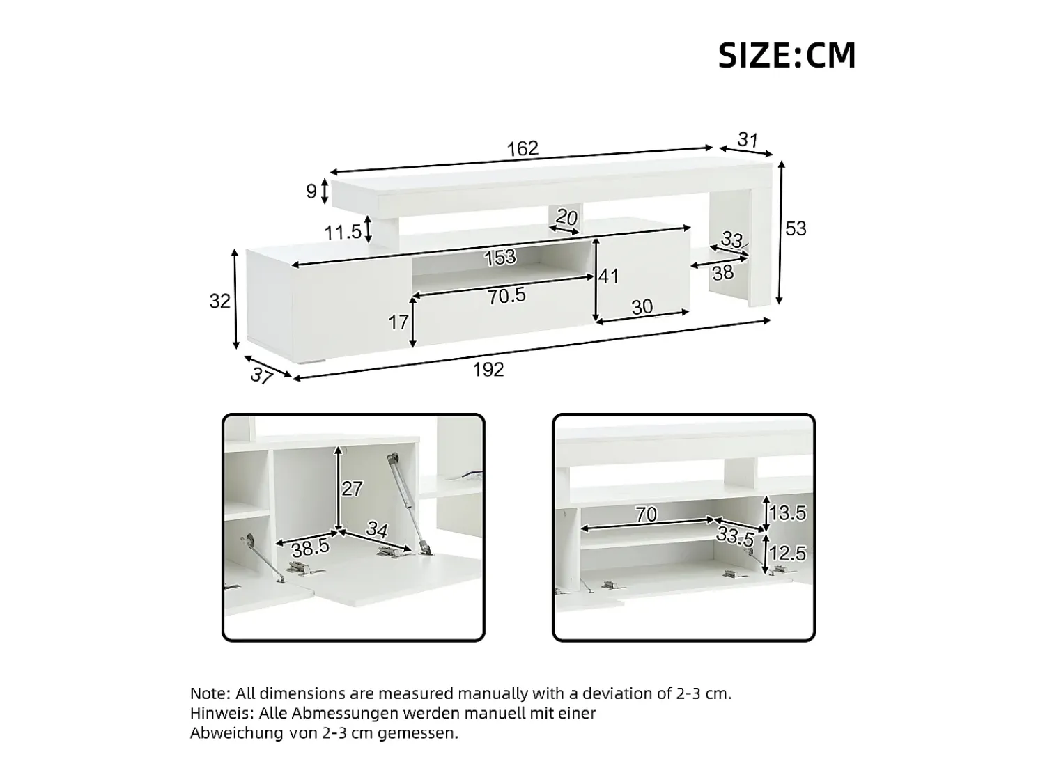 Móvel De Tv*ModernLuxe Móvel para TV 192x37x53 cm - 3 portas basculantes - com LED - Armazenamento semiaberto - Acabamento brilhante - Branco