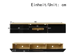 ModernLuxe Móvel para TV 180x35x30 cm - acabamento brilhante - com iluminação LED 16 cores - montagem em parede - preto + natural^ Móvel De Tv