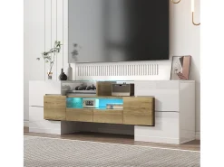 Hot ModernLuxe Móvel para TV 145x30x51 cm - com iluminação LED - 4 portas - 2 gavetas - prateleiras - branco+natural Natural claro / Branco