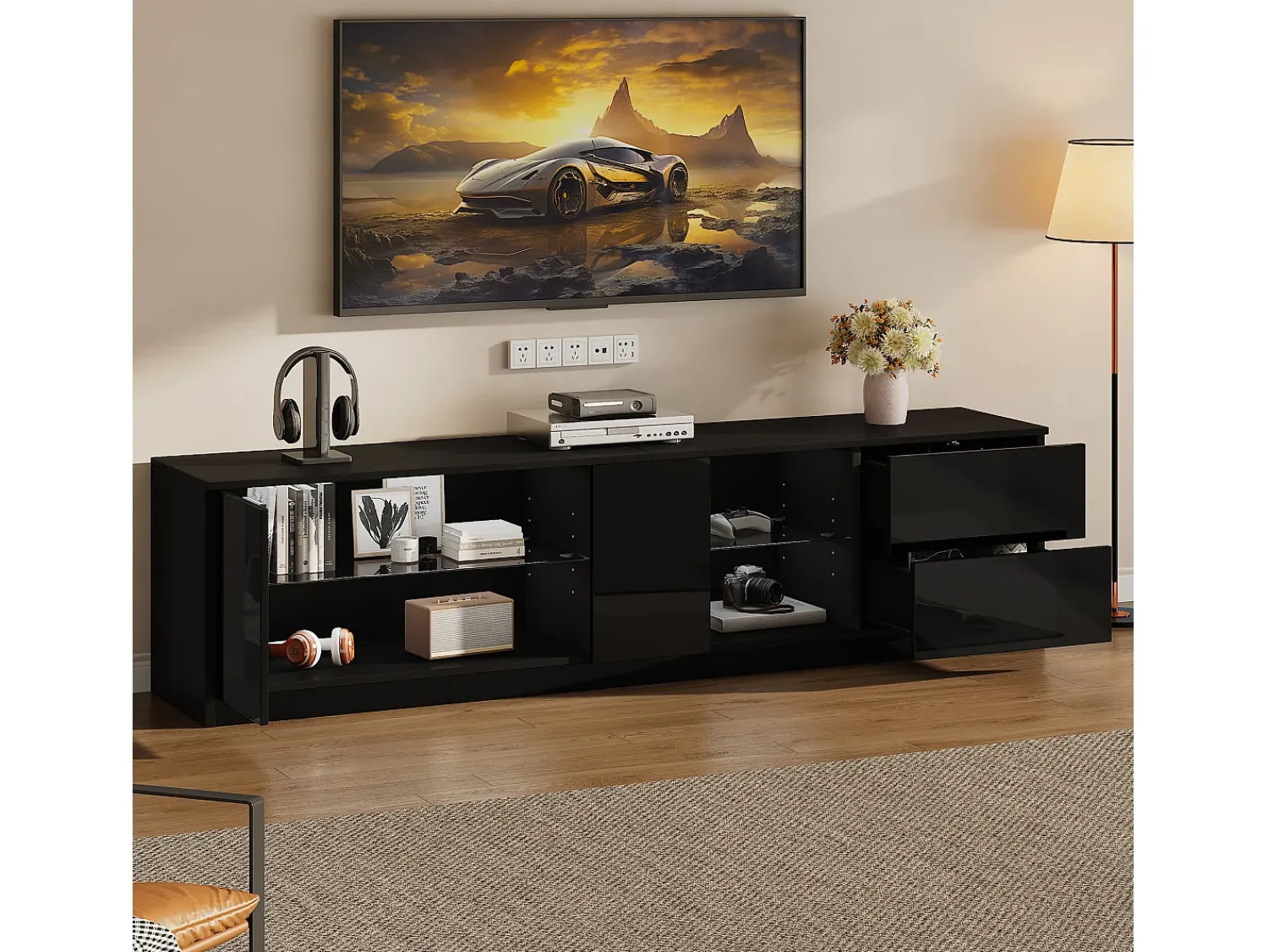 Móvel De Tv*ModernLuxe Móvel para TV 160x40x52 cm - com iluminação LED - 2 gavetas e 1 porta - Acabamento brilhante - MDF - Preto