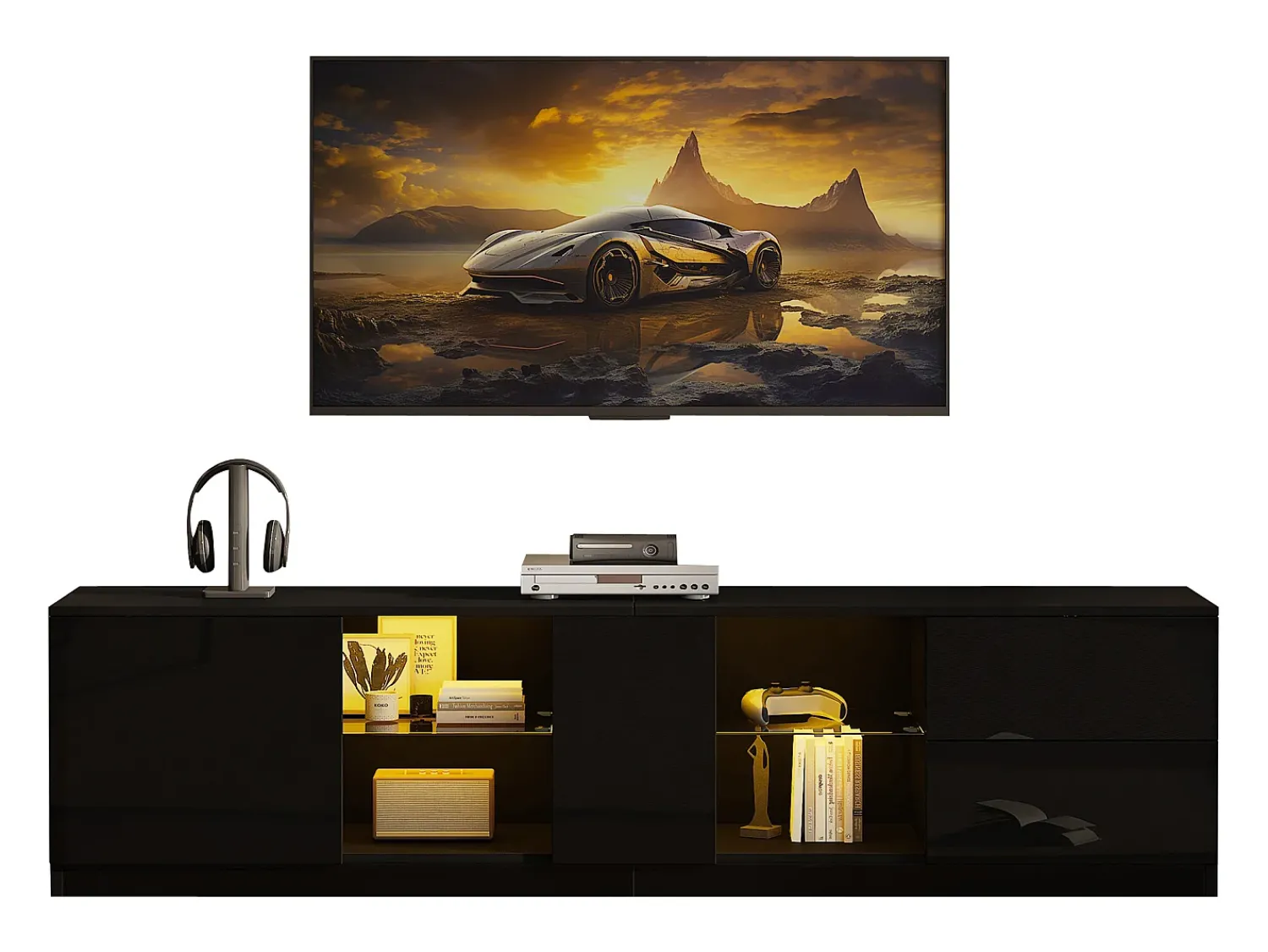 Móvel De Tv*ModernLuxe Móvel para TV 160x40x52 cm - com iluminação LED - 2 gavetas e 1 porta - Acabamento brilhante - MDF - Preto