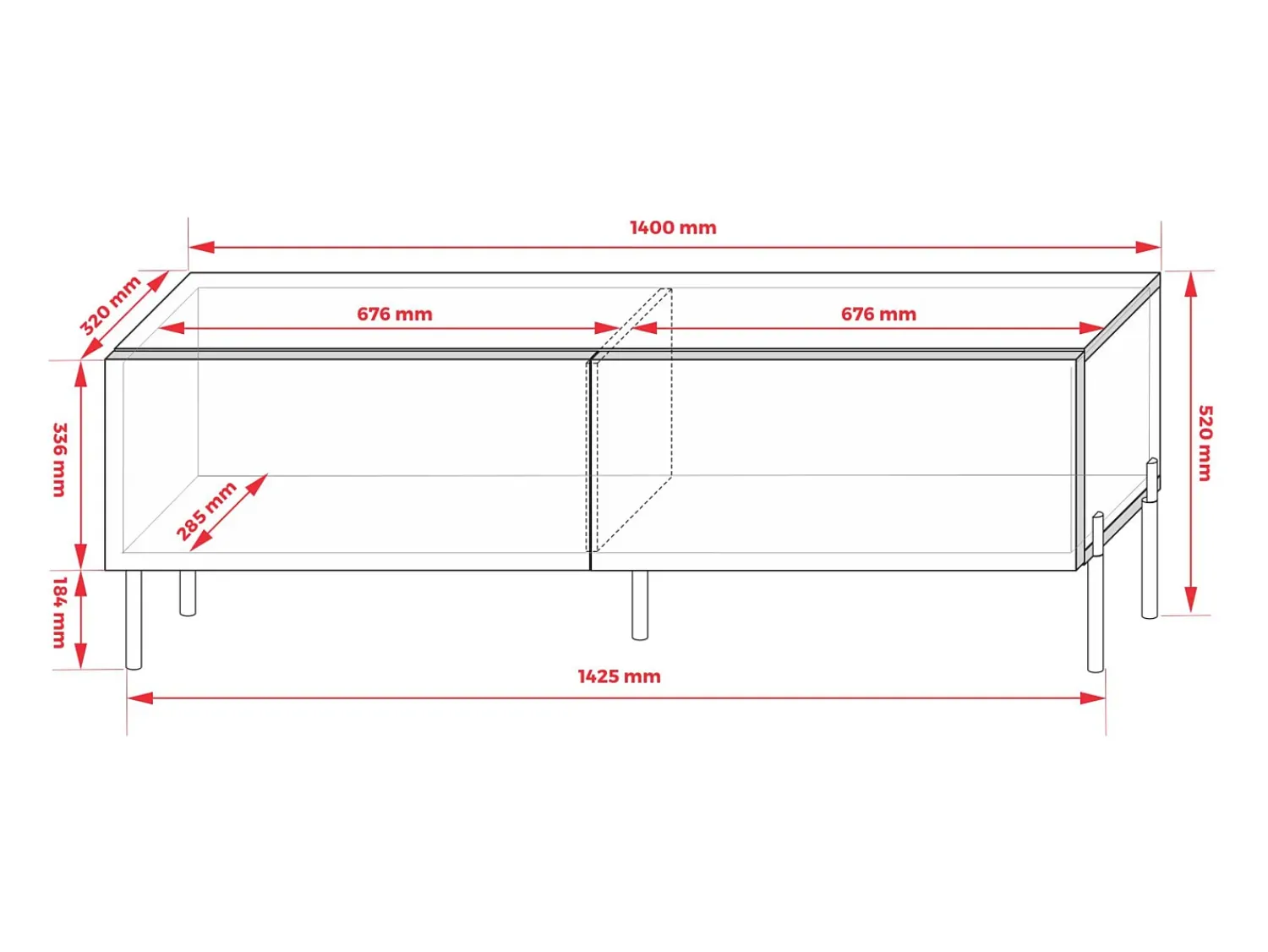 Discount Móvel TV : Fosco / Brilhante, patas cromadas, 140 x 52 x 32 cm Branco
