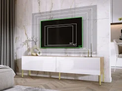 Móvel De Tv| Móvel TV : Carvalho Wotan / Branco Brilhante, patas douradas, 170 x 52 x 32 cm Castanho