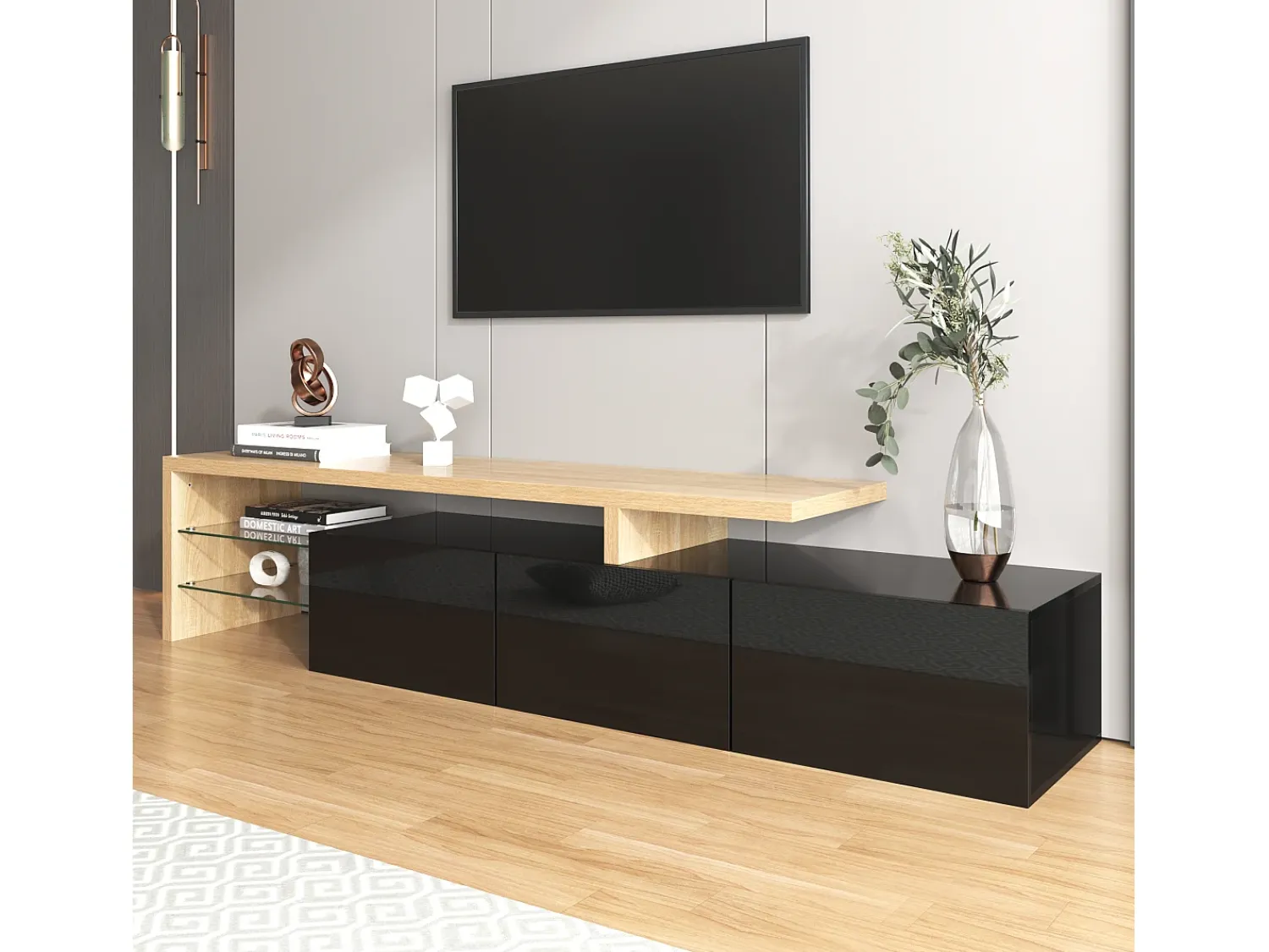 Móvel De Tv|ModernLuxe Móvel TV 200 cm - 3 portas e 2 compartimentos em vidro - estilo moderno - Preto e Natural Preto / Natural claro