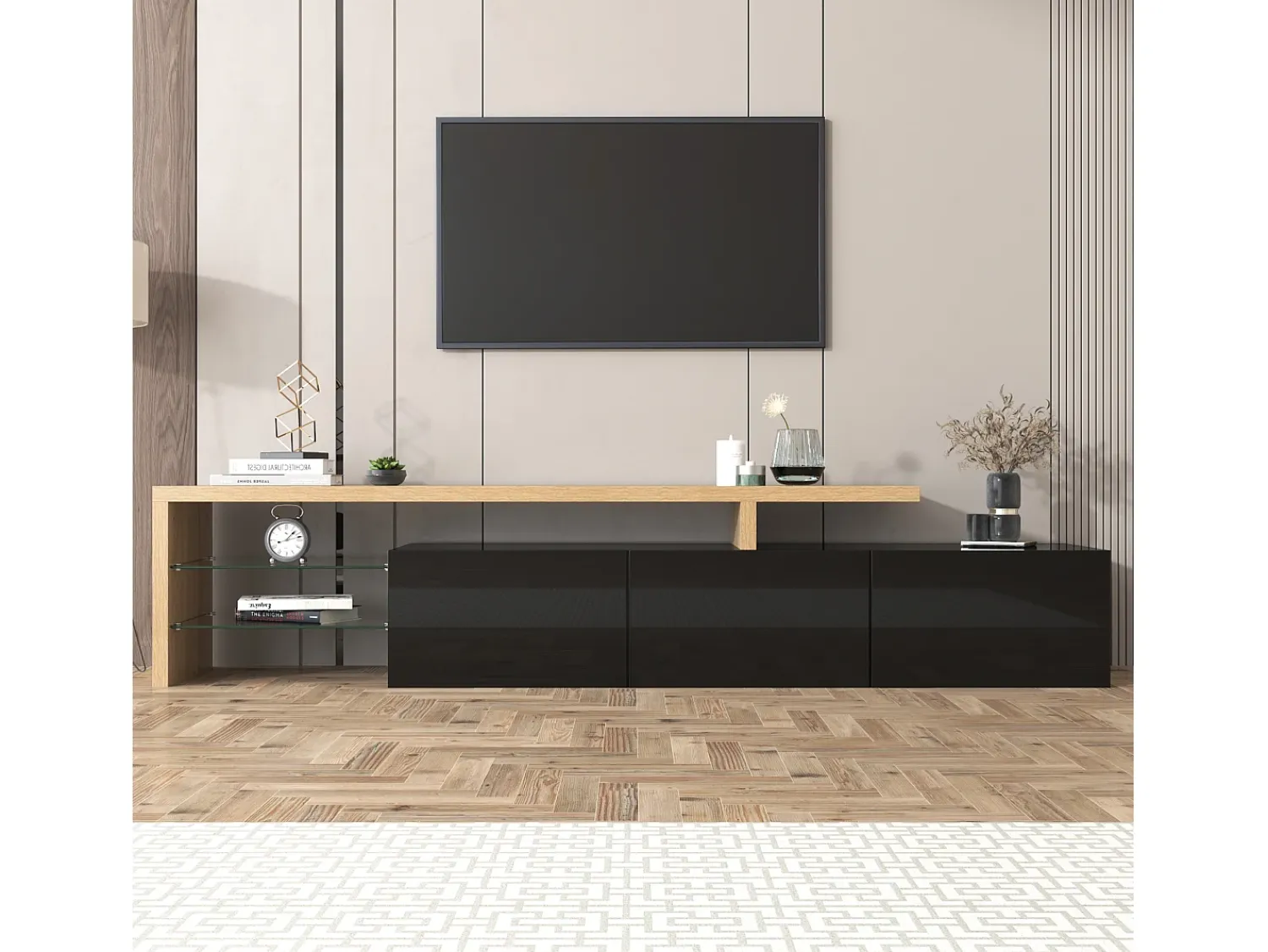 Móvel De Tv|ModernLuxe Móvel TV 200 cm - 3 portas e 2 compartimentos em vidro - estilo moderno - Preto e Natural Preto / Natural claro