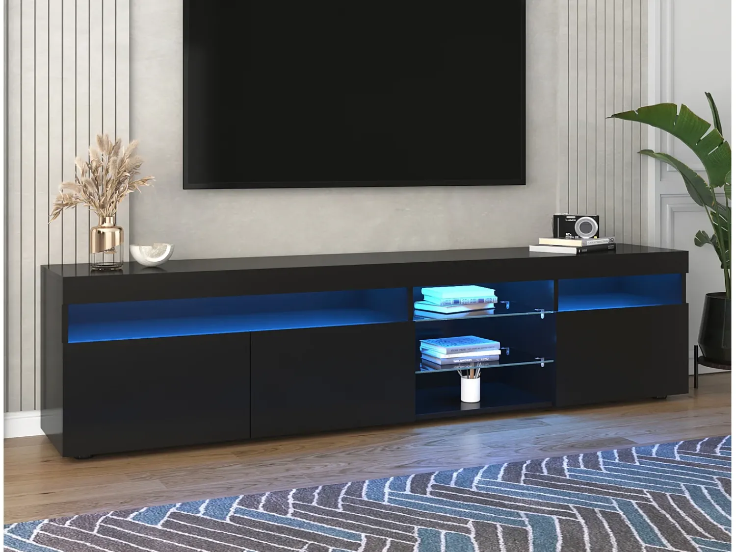 Móvel De Tv*Merax Móvel TV 180 cm - 3 portas e 3 nichos - LEDs - lacado brilhante Preto
