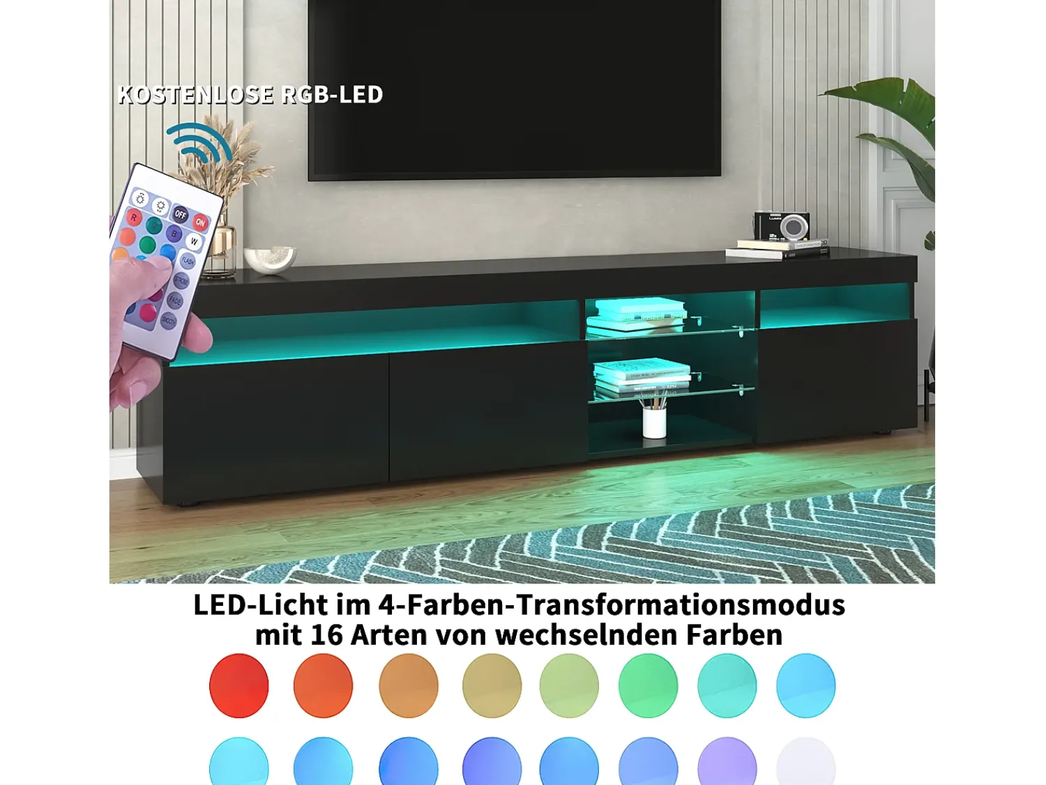 Móvel De Tv*Merax Móvel TV 180 cm - 3 portas e 3 nichos - LEDs - lacado brilhante Preto