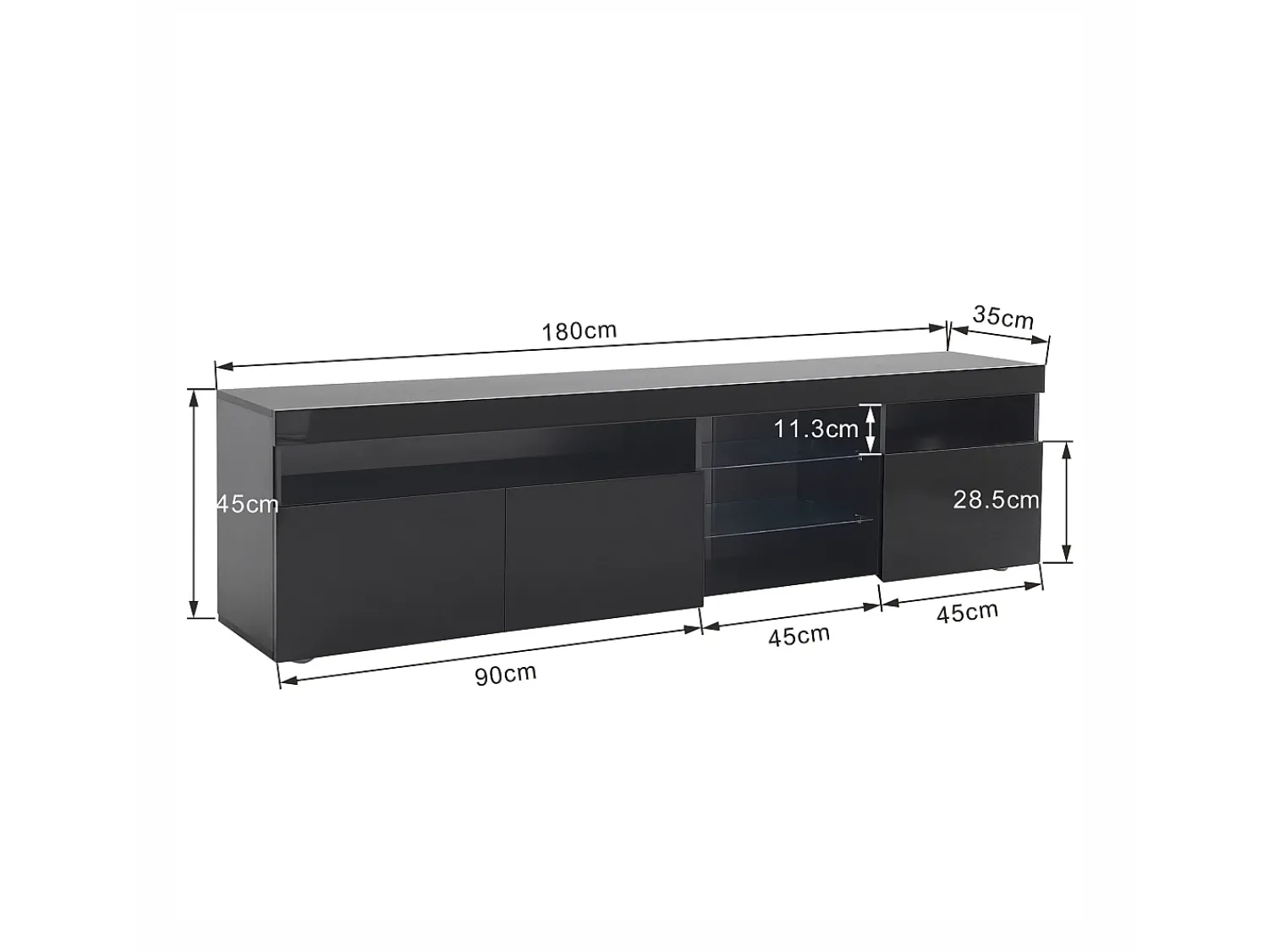 Móvel De Tv*Merax Móvel TV 180 cm - 3 portas e 3 nichos - LEDs - lacado brilhante Preto