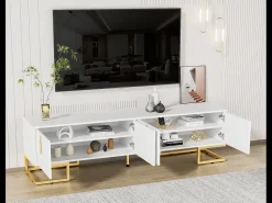 Móvel De Tv|ModernLuxe Móvel TV 170 cm - com prateleiras reguláveis ​​​​- puxadores e pés dourados - Branco