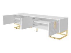 Móvel De Tv|ModernLuxe Móvel TV 170 cm - com prateleiras reguláveis ​​​​- puxadores e pés dourados - Branco